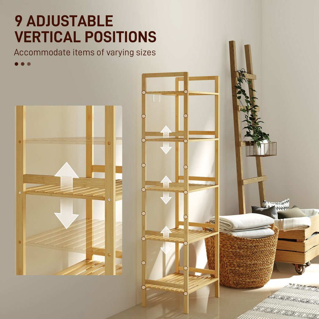 HOMCOM 5-Tier Bamboo Bathroom Storage Shelf with Adjustable Rack
