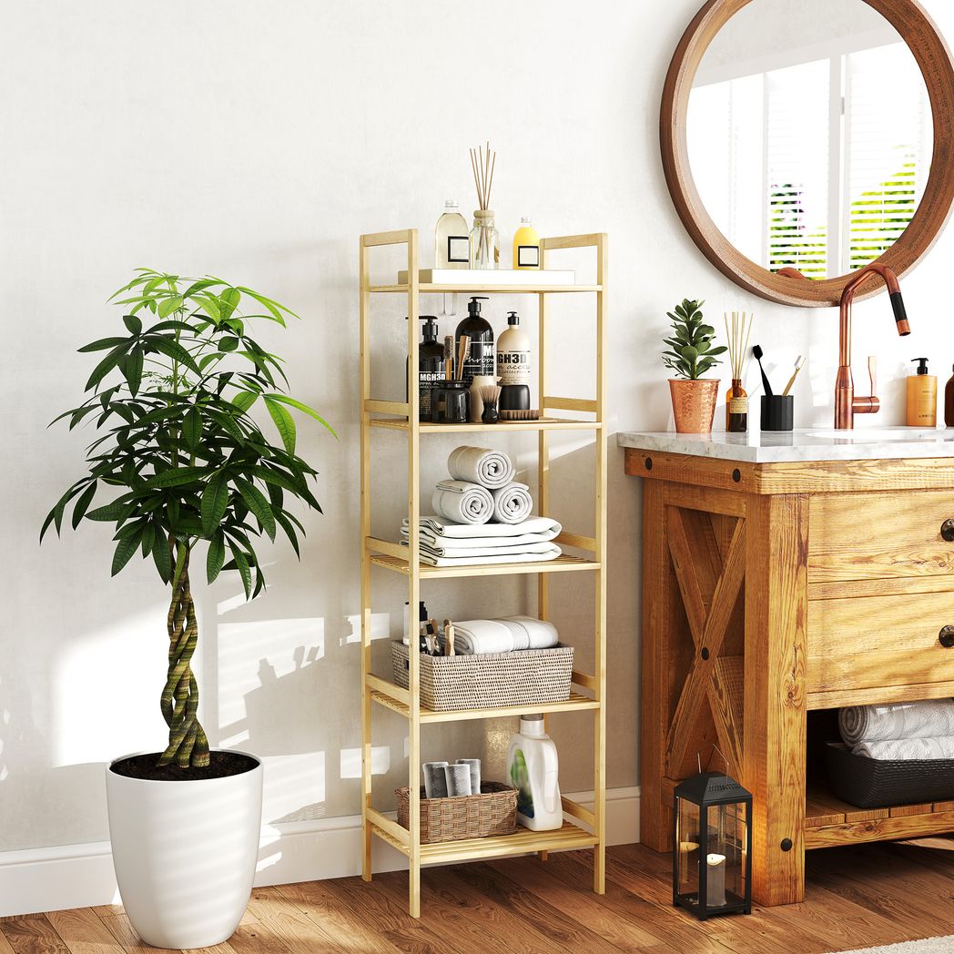 HOMCOM 5-Tier Bamboo Bathroom Storage Shelf with Adjustable Rack