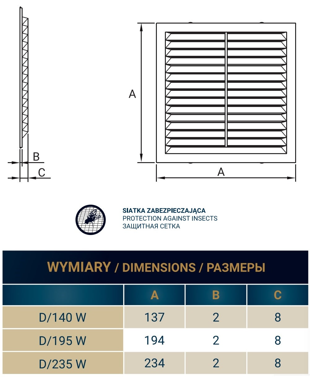Louvre Vent D/195W 195mm X 195mm with Fly Screen for Home and Garden Use