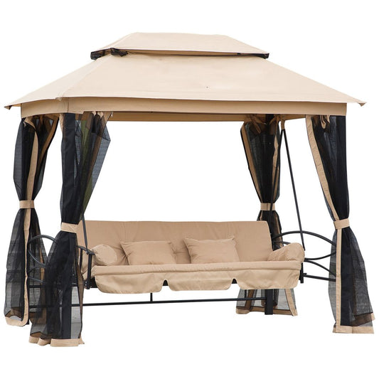 Outsunny  3-Seater Multi-Functional Swing Chair W/Mosquito Net-Beige Beige 256L x 172W x 248H cm