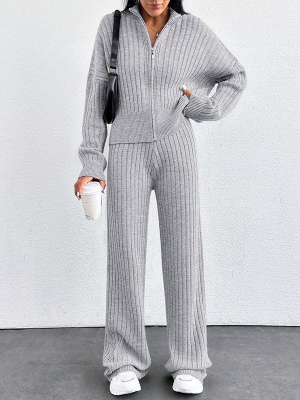 Autumn And Winter New European And American Women's Casual Loose Zip Top And Trousers Two-piece Set