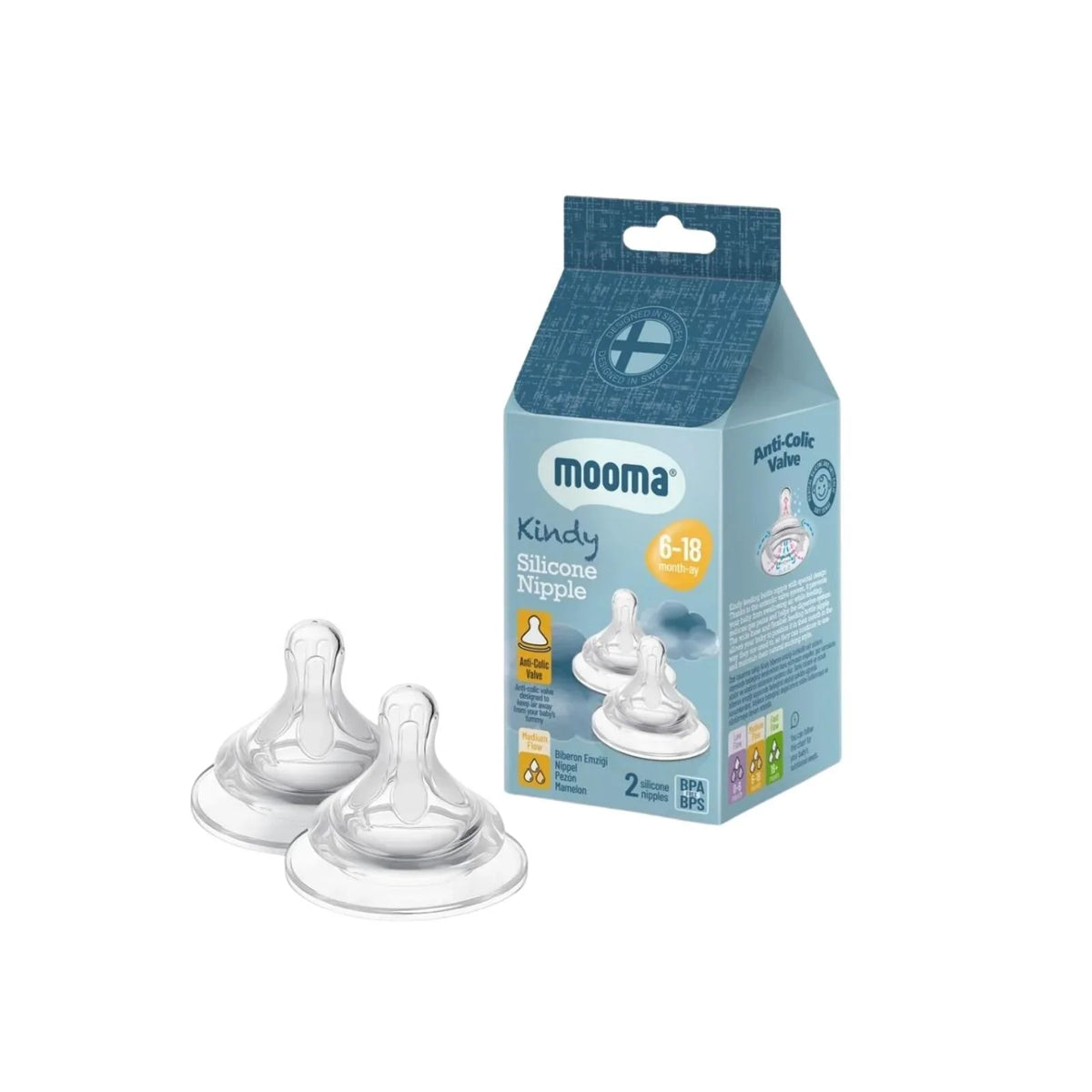 Mooma Kindy Silicone Teats Medium Flow 6-18 months Pack of 2