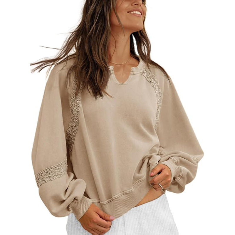 Women's Sweatshirt Casual V-neck Lace Sweater