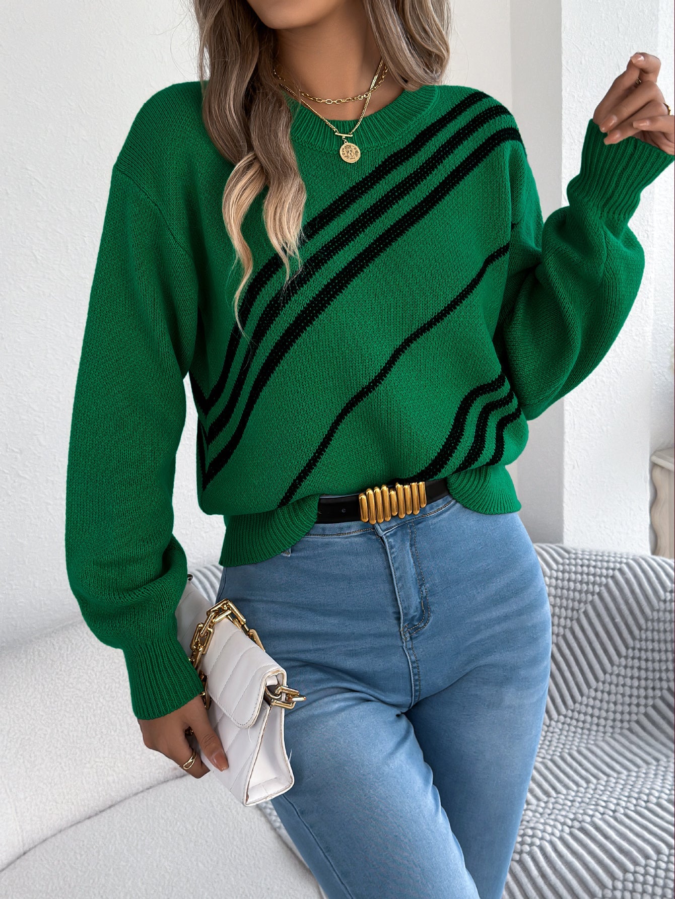 Women Casual Striped Round Neck Lantern Sleeve Long Sleeve Pullover Sweater