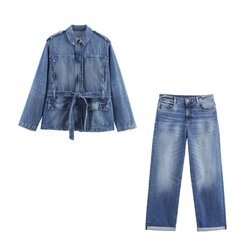 Long Denim Jacket Coat Loose High Waist Curl Jeans