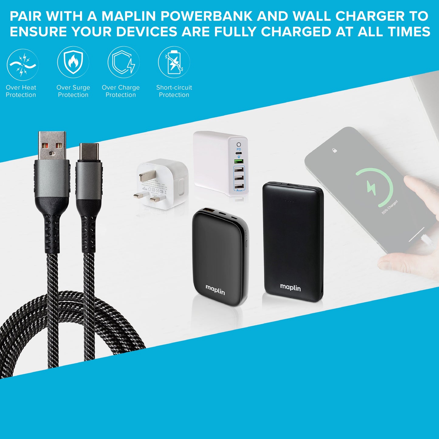 Maplin USB-C to USB-A 60W Braided Cable - Grey