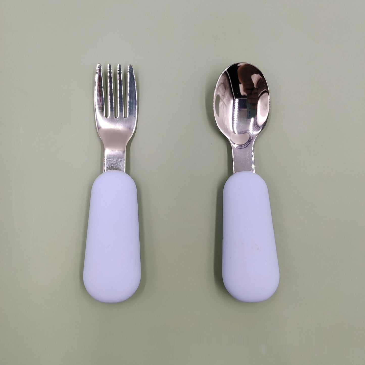 Stainless Steel Baby Spoon Fork Set - Short Handle Silicone Grip
