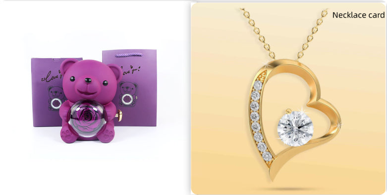 Rotating Bear Gift Box Eternal Rose Teddy Bear Jewelry Box With Necklace Valentine Wedding Special Present For Girlfriend Anniversary Gift Jewelry Box