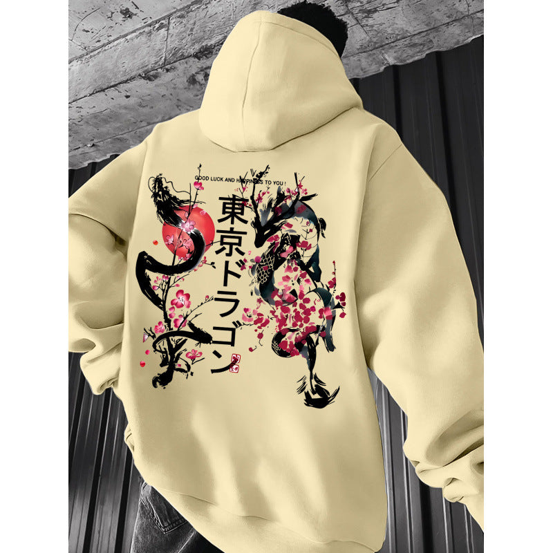 Japanese-style Pattern Hoodie, Light Gray Pullover