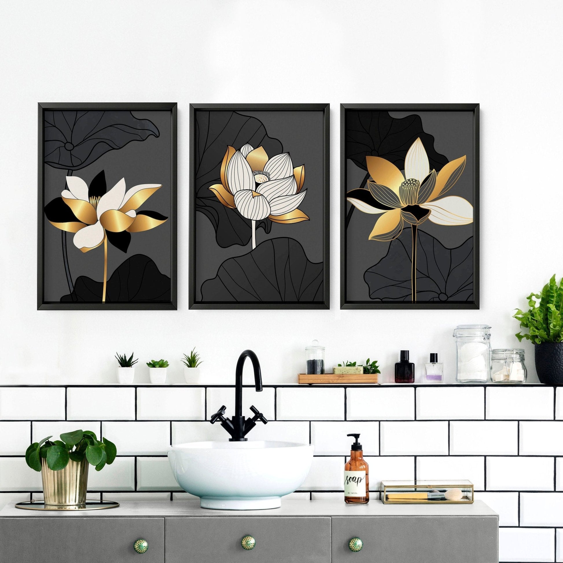 Bathroom decor black and Gold | set of 3 framed wall art