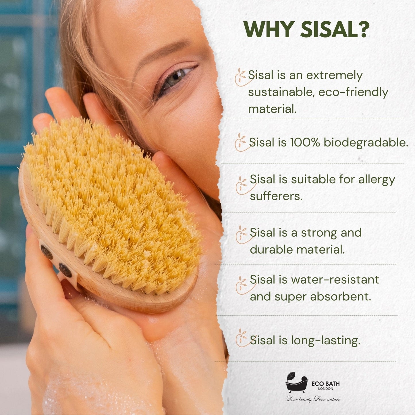 Eco Bath London Natural Sisal Massage Hand Brush - Dry Brushing Hand Brush for Exfoliation