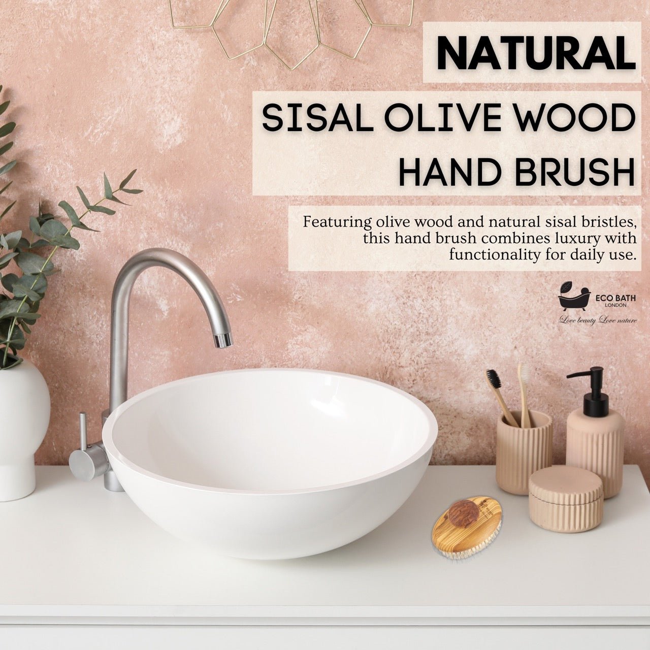 Eco Bath London Natural Sisal Olive Wood Hand Brush - Premium Olive Wood Sisal Hand Brush