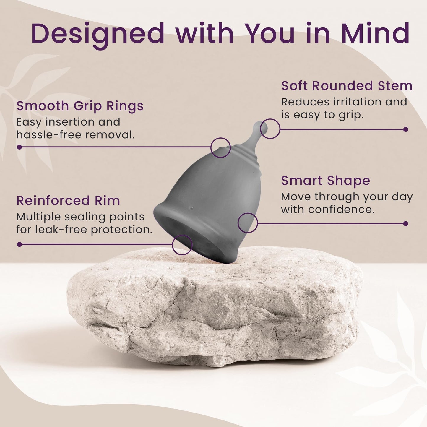 EcoBlossom Reusable Menstrual Cup & Case – Medical-Grade Silicone, 12-Hour Leak-Proof (Small Pack of 2, Gray)