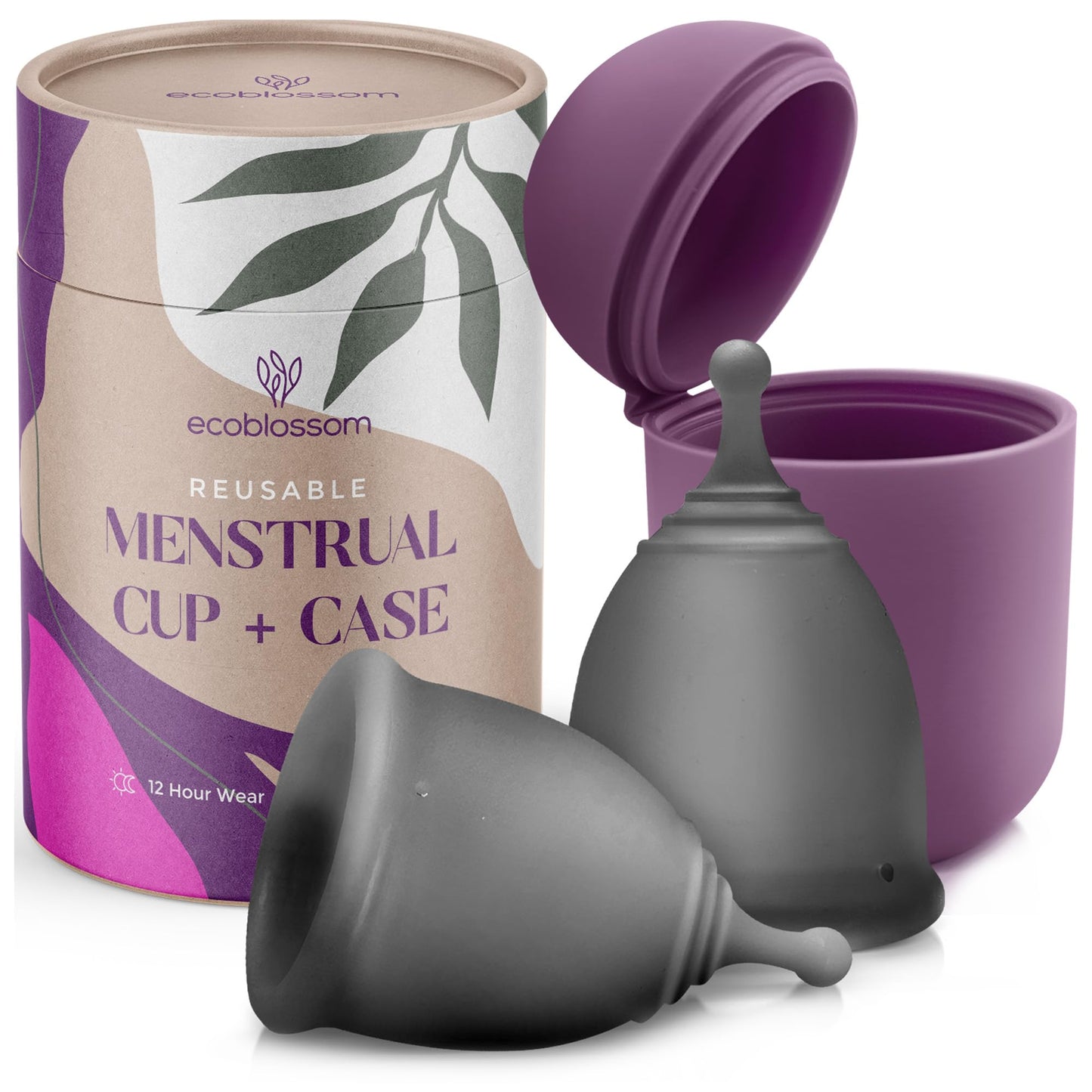 EcoBlossom Reusable Menstrual Cup & Case – Medical-Grade Silicone, 12-Hour Leak-Proof (Small Pack of 2, Gray)