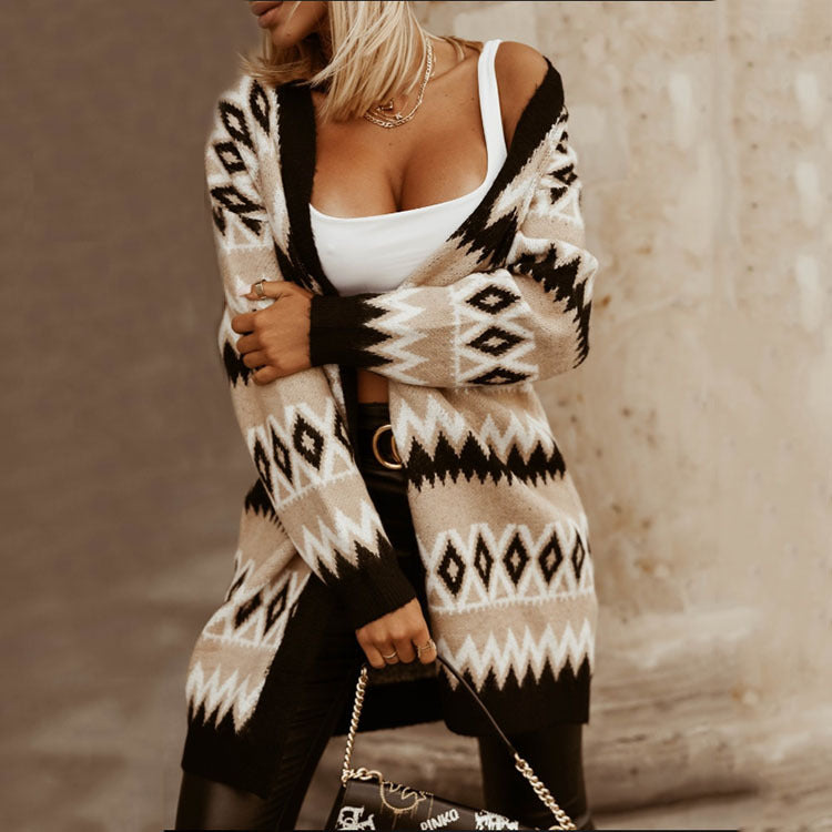 Women's V-neck Rhombus-Check Contrast-Color Mid-length Sweater Coat