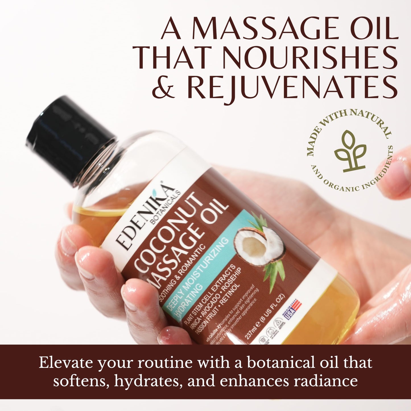 Edenika Botanicals Tropical Coconut Massage Oil - 8 fl oz | Deep Moisture & Relaxing Aromatherapy