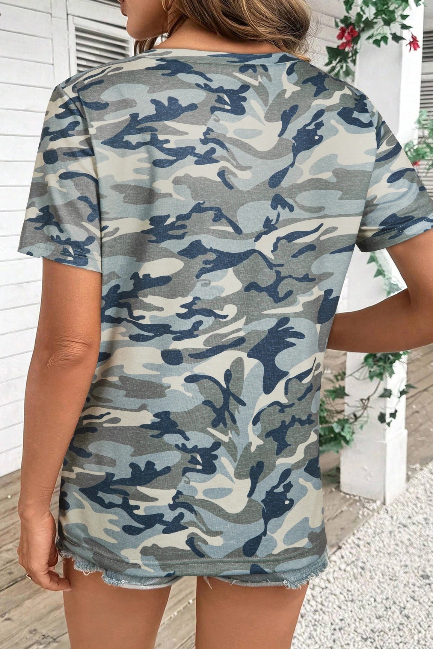 Women's Casual Loose-fit Crew-neck Camouflage Sports Short-sleeve