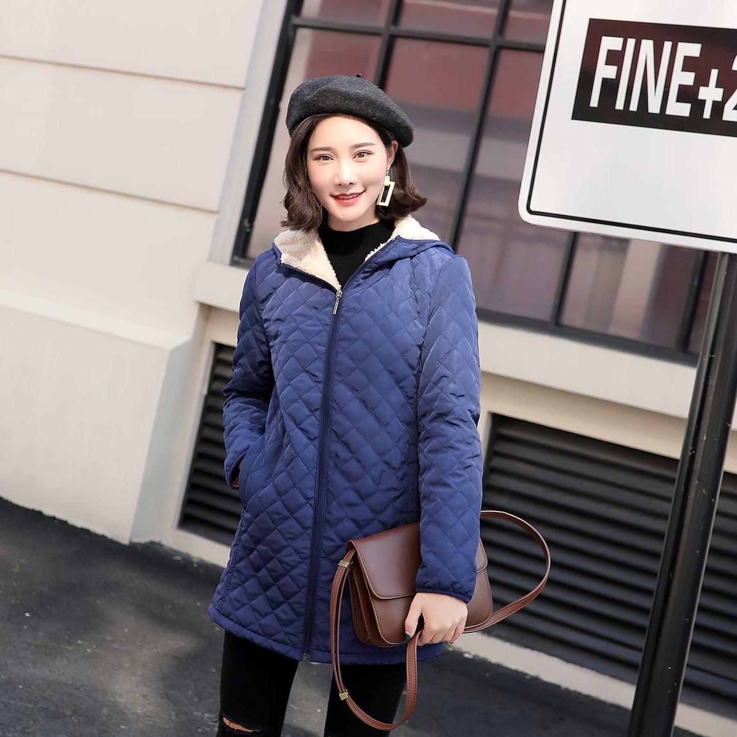 Plus-size Fleece-lined Padded Lambswool Puffer Jacket