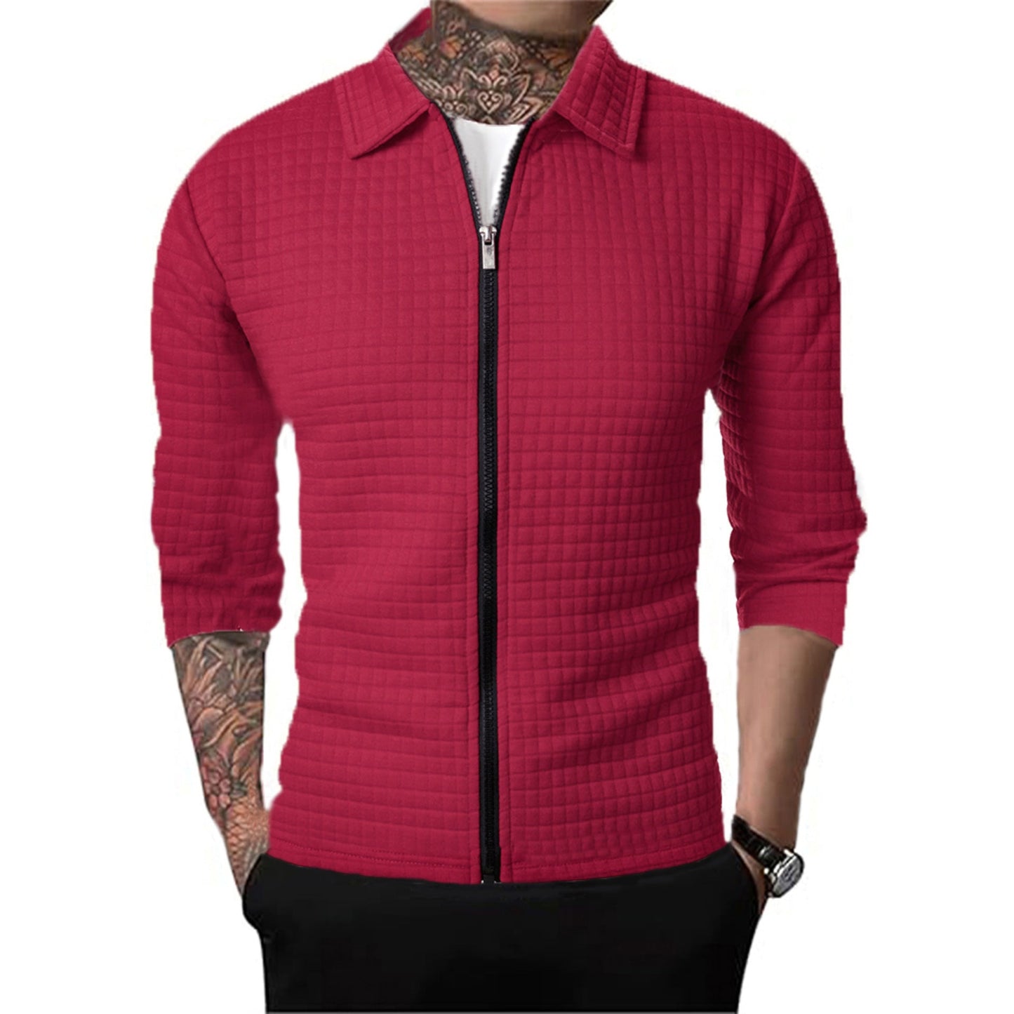 Men's Casual Long-sleeved Lapel Waffle Jacket Cardigan