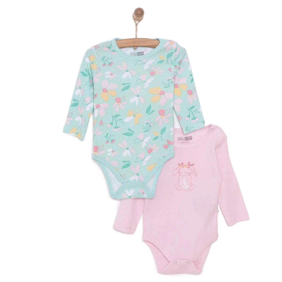 HelloBaby 2 Pack Floral & Bunny Print Long Sleeve Baby Bodysuits (3 Months to 3 Years)
