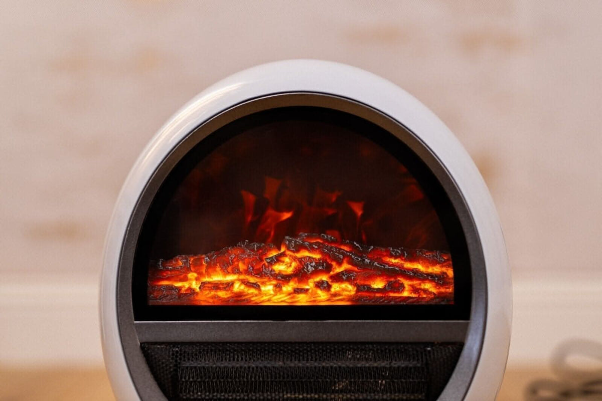 Electric Fire Fan Heater Ceramic White 1500W Home Round Free Standing Flame