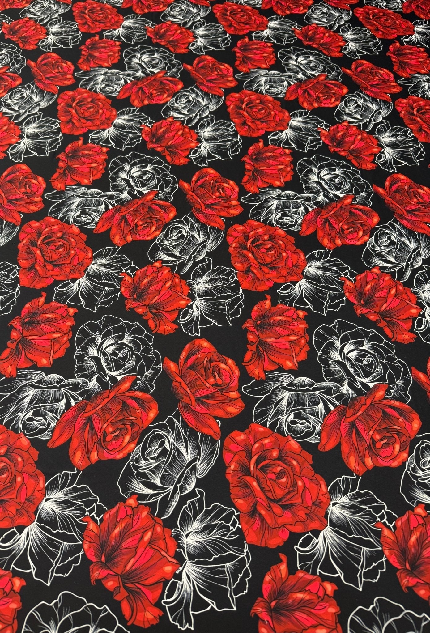 Elegant Red Rose Patterned Fabric by Metre