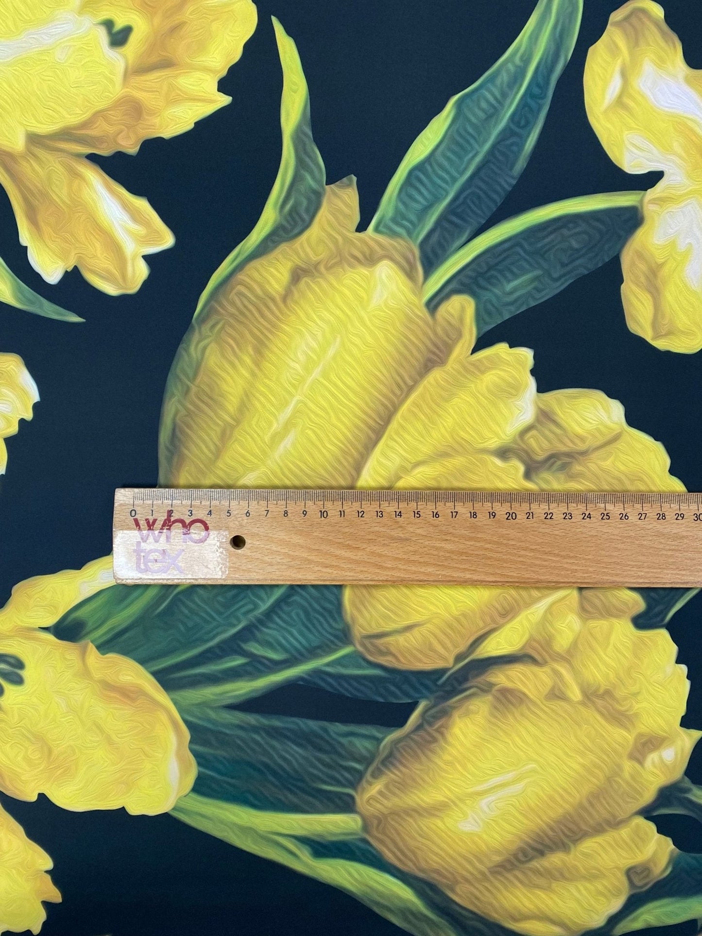 Elegant Yellow Tulip Floral Print Fabric on Black Background Sold by Metre