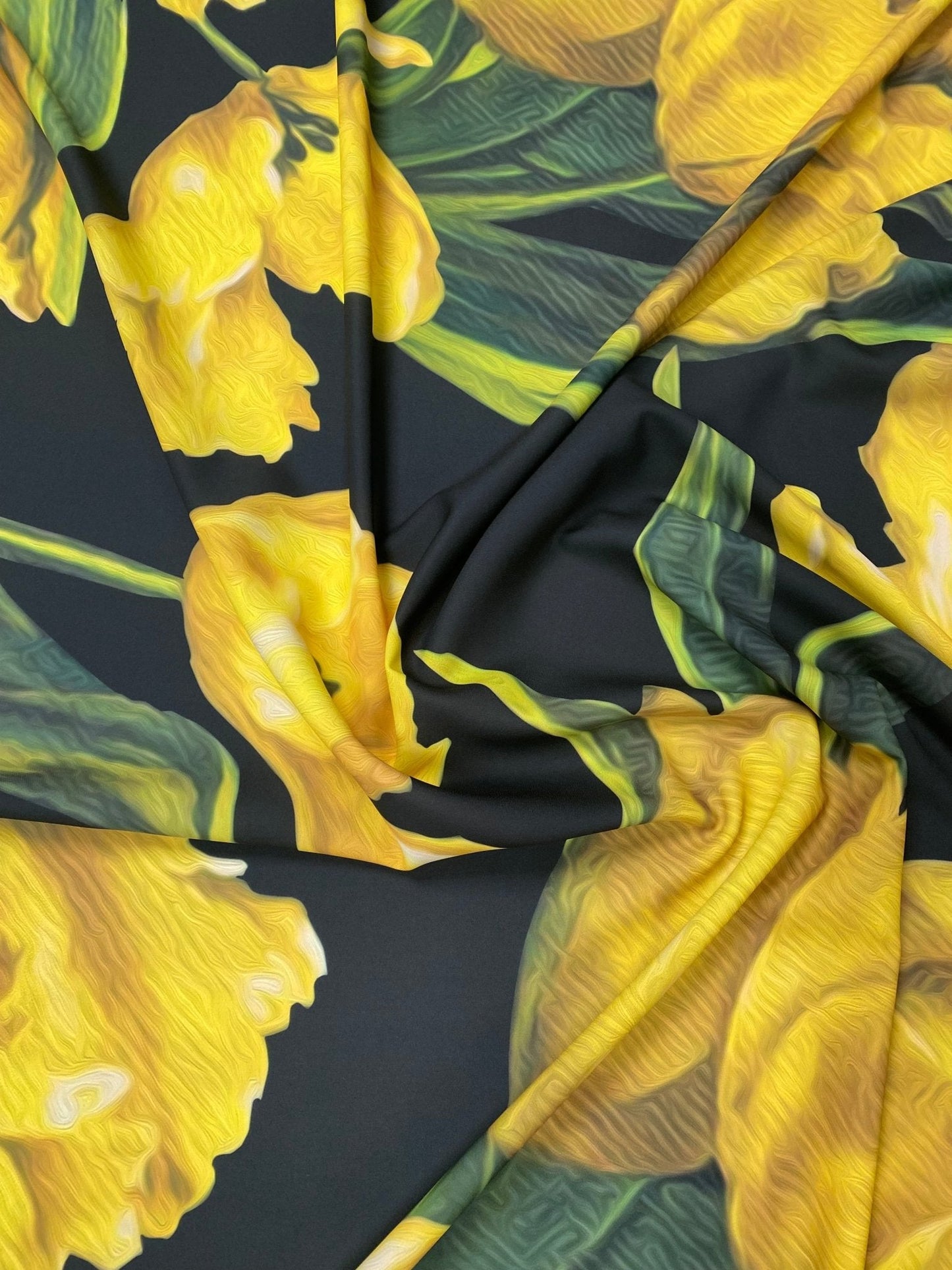 Elegant Yellow Tulip Floral Print Fabric on Black Background Sold by Metre