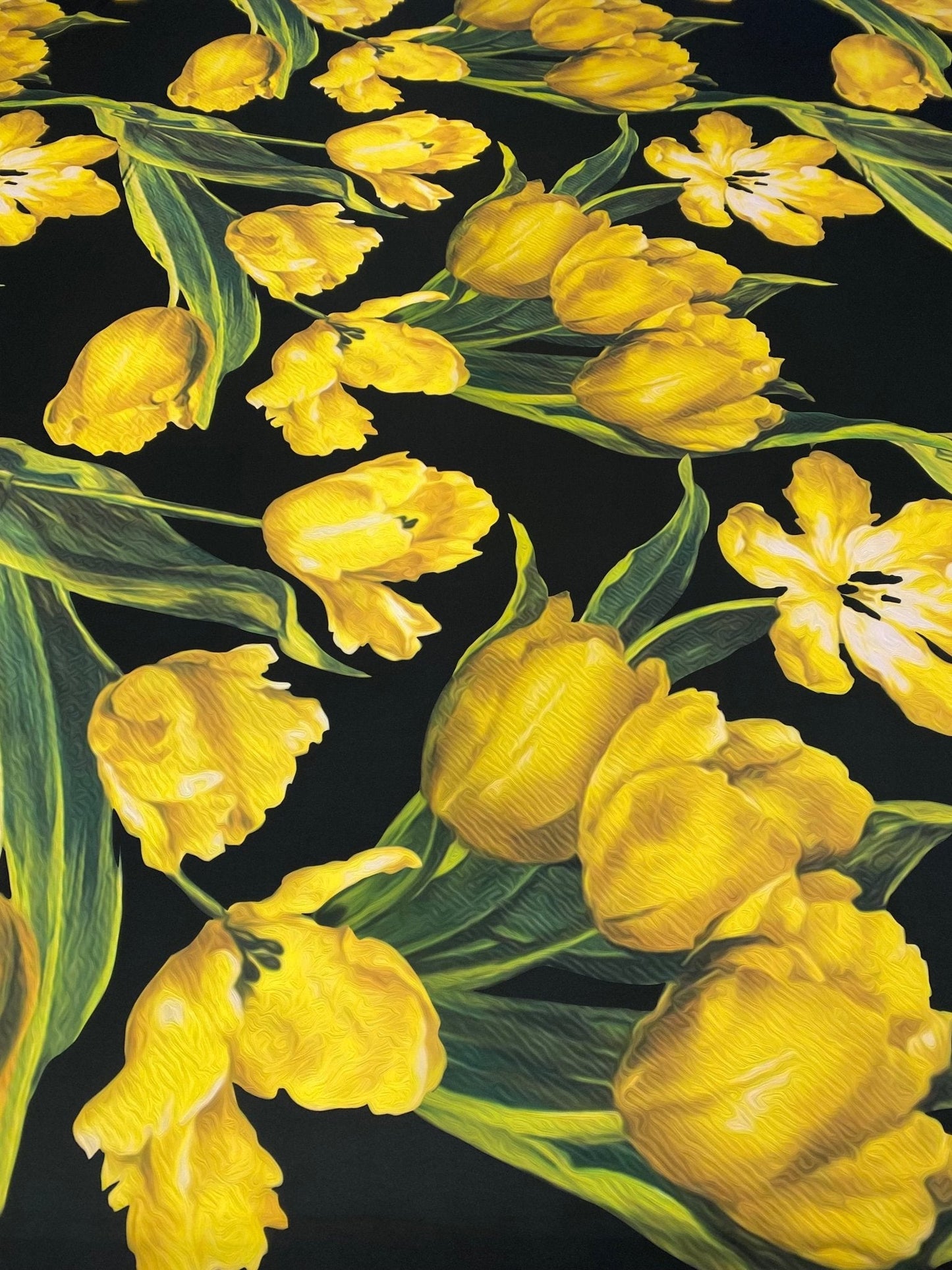 Elegant Yellow Tulip Floral Print Fabric on Black Background Sold by Metre