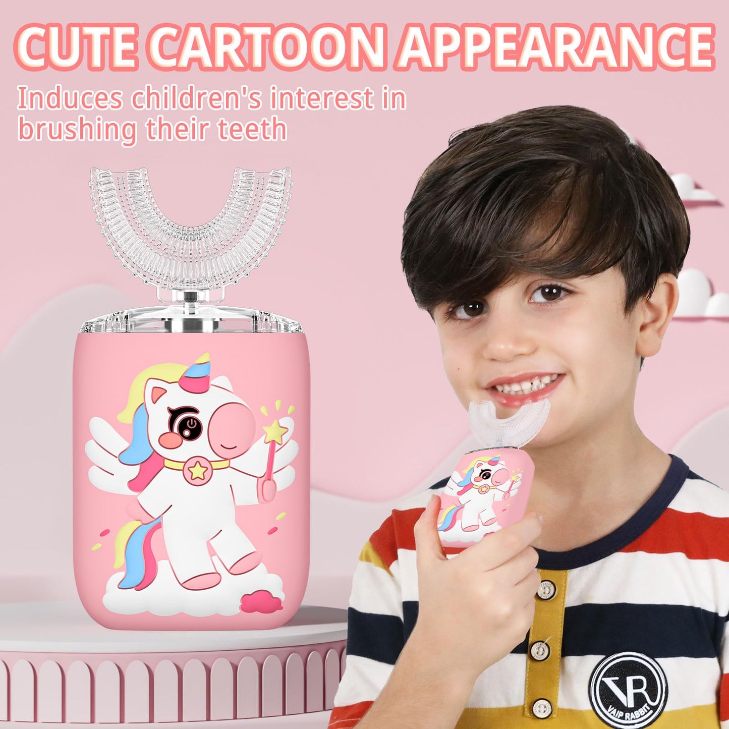ELOTAME Kids Electric U-Shaped Toothbrush Unicorn Pink - 6 Modes, 4 Soft Heads, IPX7 Waterproof, Rechargeable (2-15 Years)