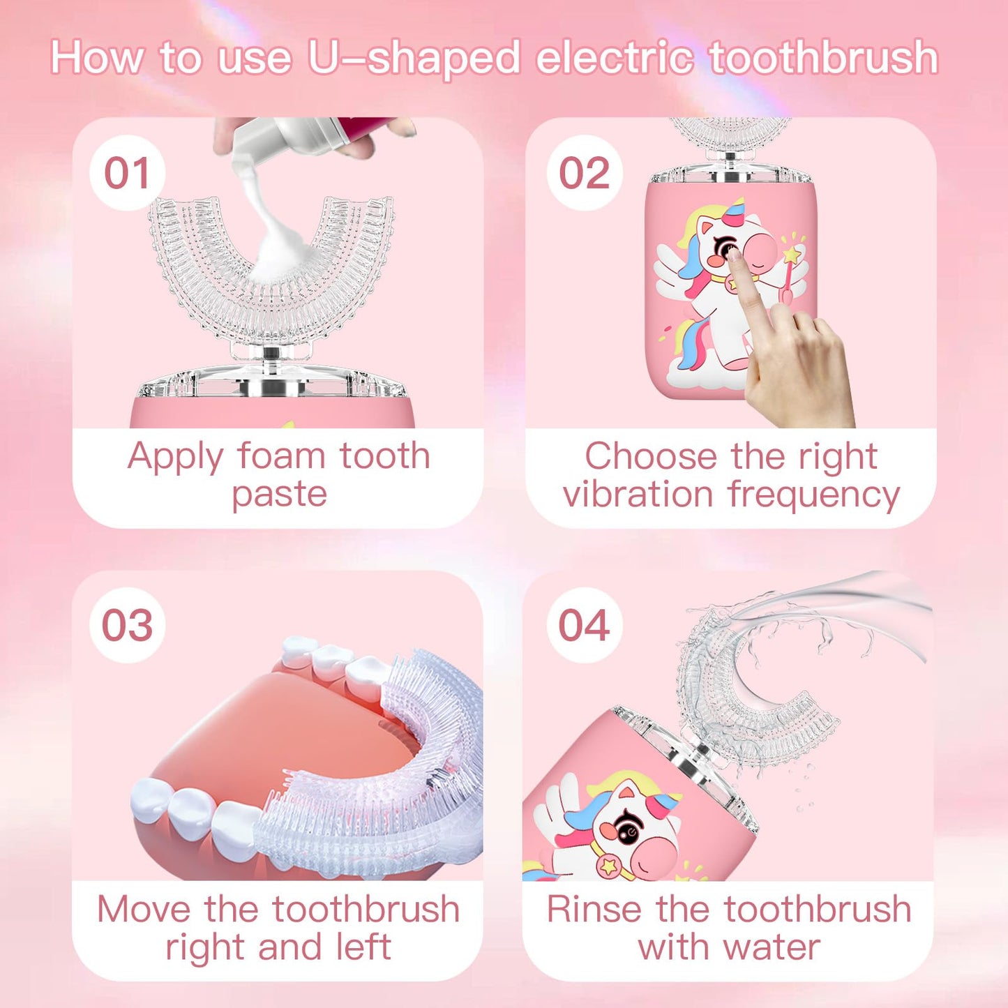 ELOTAME Kids Electric U-Shaped Toothbrush Unicorn Pink - 6 Modes, 4 Soft Heads, IPX7 Waterproof, Rechargeable (2-15 Years)