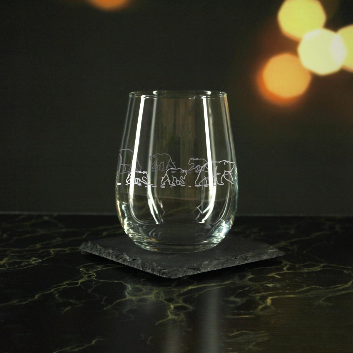 Engraved Bear Pattern Set of 4 Gaia Stemless Wine 12oz Glasses