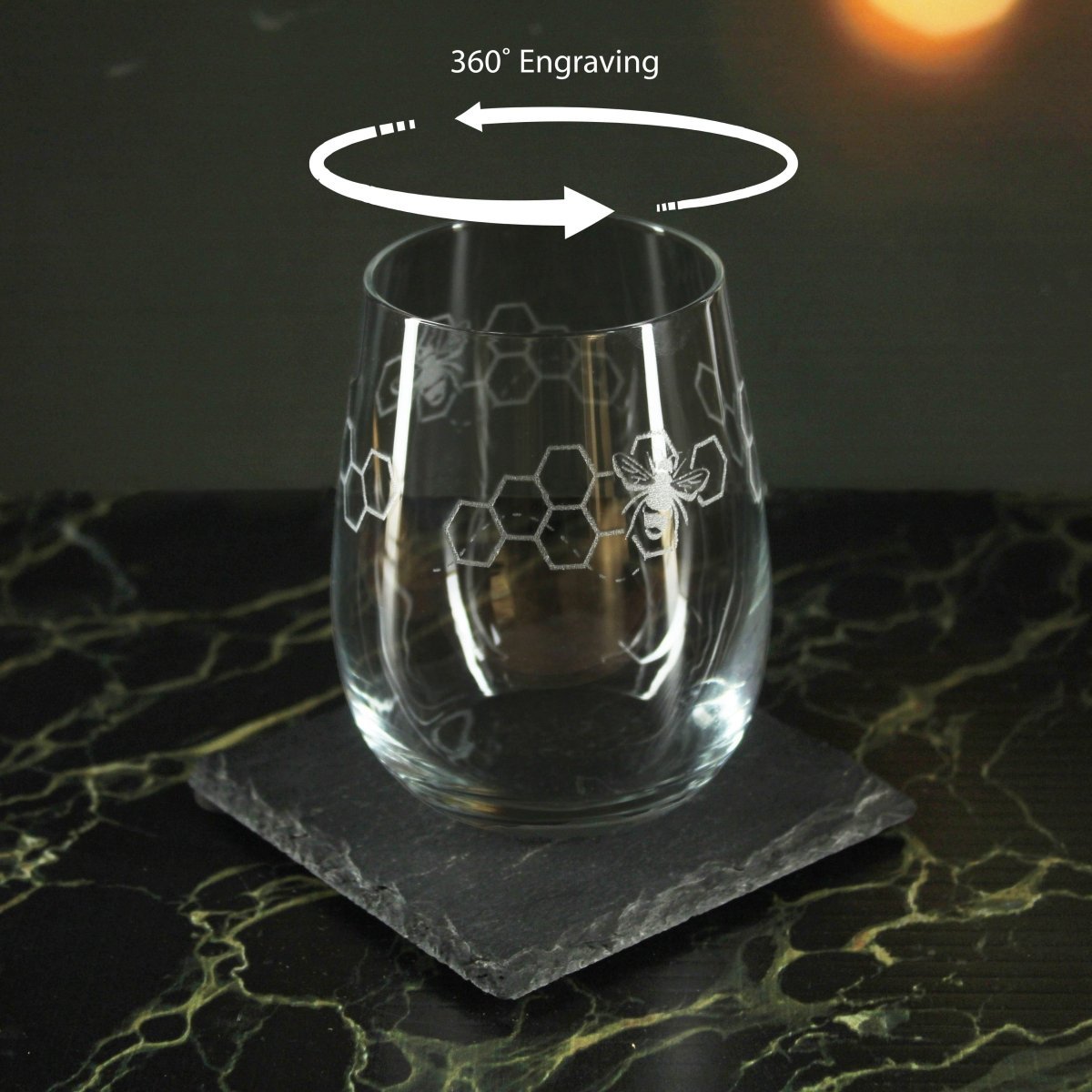 Engraved Bees Pattern Set of 4 Gaia Stemless Wine 12oz Glasses