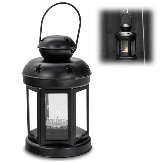 Engraved Black Metal Tealight Holder with Mr and Mrs Design