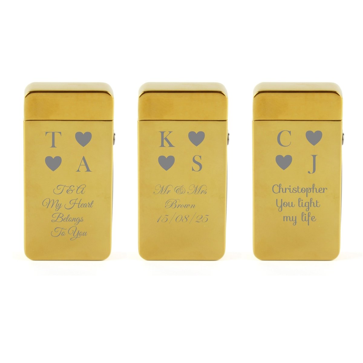 Engraved Electric Arc Lighter, Gold, Heart Initials, Gift Boxed