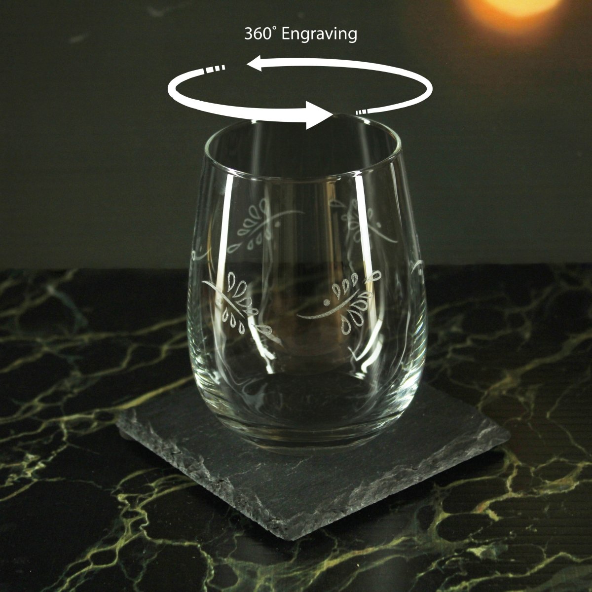 Engraved Leaves Pattern Set of 4 Gaia Stemless Wine 12oz Glasses