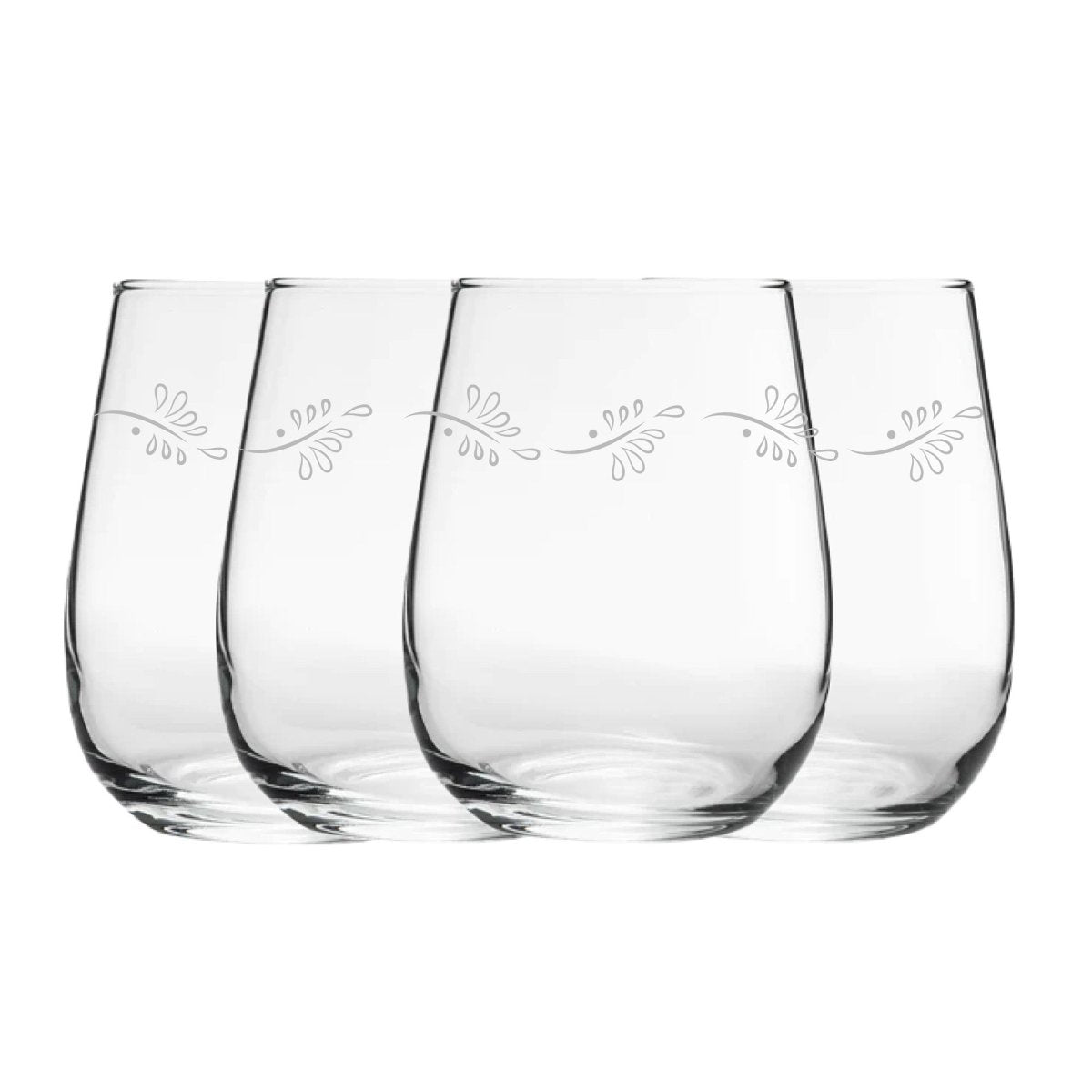 Engraved Leaves Pattern Set of 4 Gaia Stemless Wine 12oz Glasses