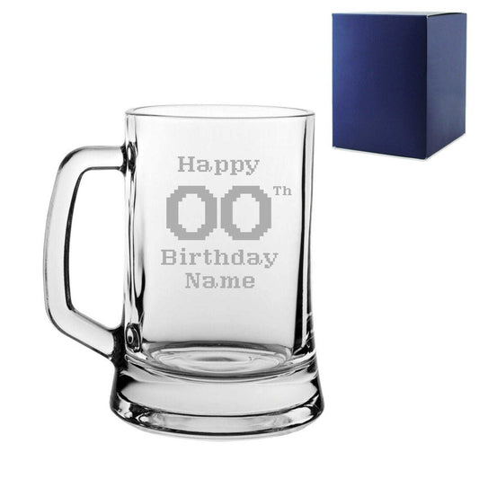 Engraved Tankard Beer Mug Stein Happy 20,30,40,50... Birthday Pixelated Design Gift Boxed
