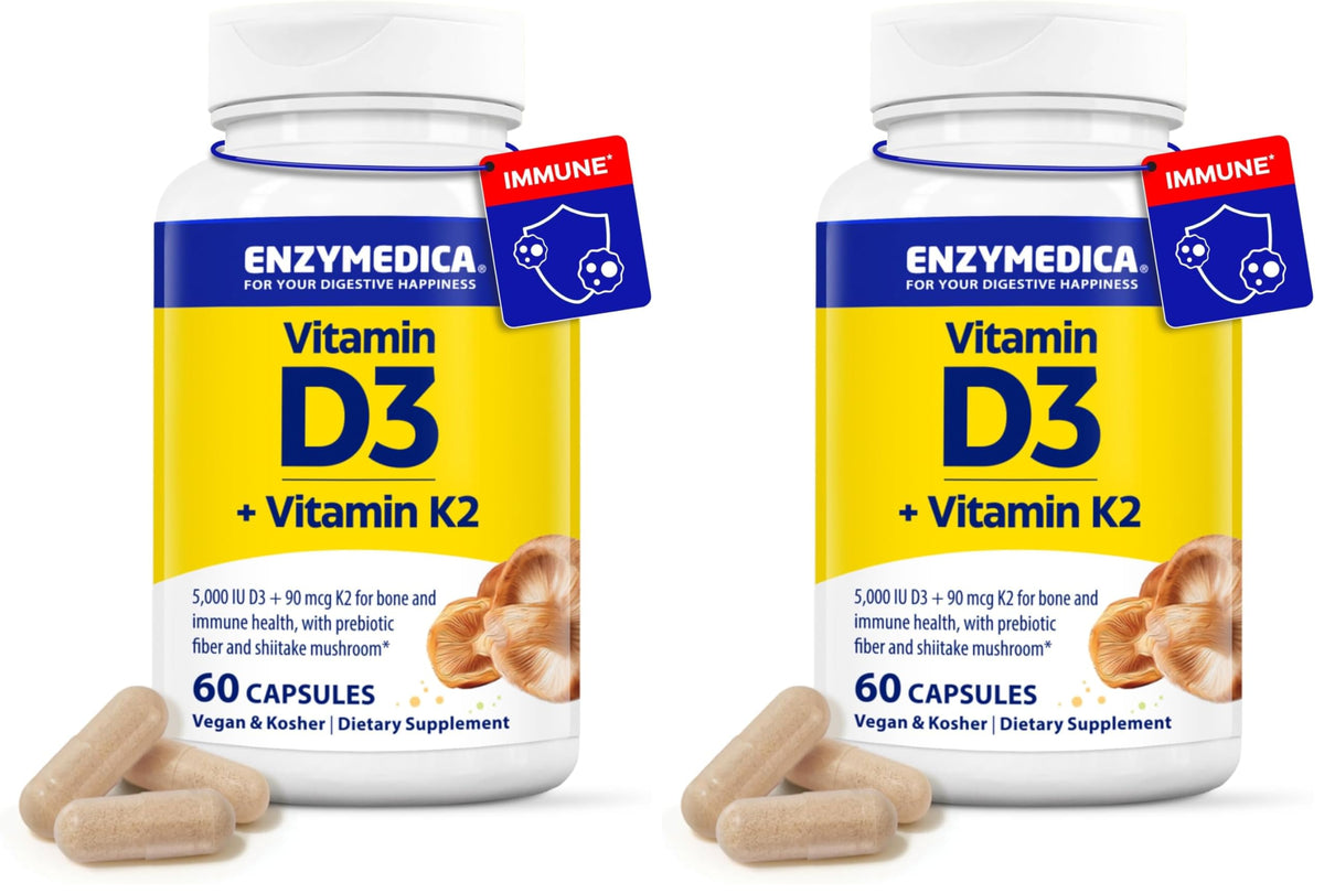 Enzymedica Organic Vitamin D3+K2 5,000 IU / 90 mcg MK-7 – Vegan, Shiitake & Prebiotic Fiber (60 Count Pack of 2)