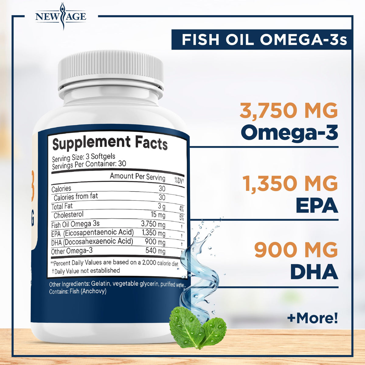 Triple Strength Omega-3 Fish Oil 3750 mg - 1350 mg EPA / 900 mg DHA - 180 Burpless Softgels