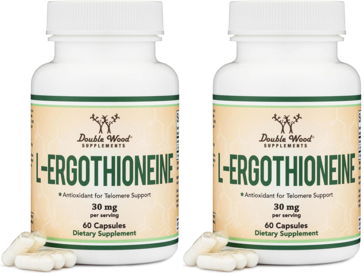 Ergothioneine 30mg Supplement - 60 Count, Plant-Based L-Ergothioneine (Non-GMO, Gluten Free, Vegan Safe) - Double Wood (Pack of 2)