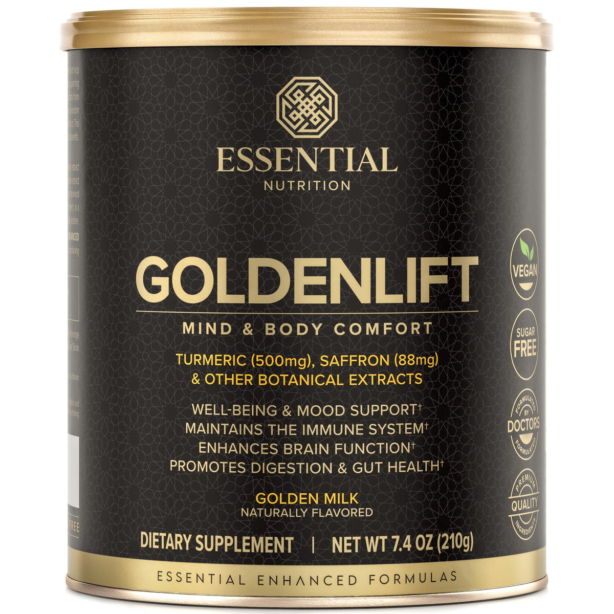 Essential Nutrition Golden Lift - Golden Milk Powder (Vegan) 7.4 oz | Turmeric, Saffron & Spices