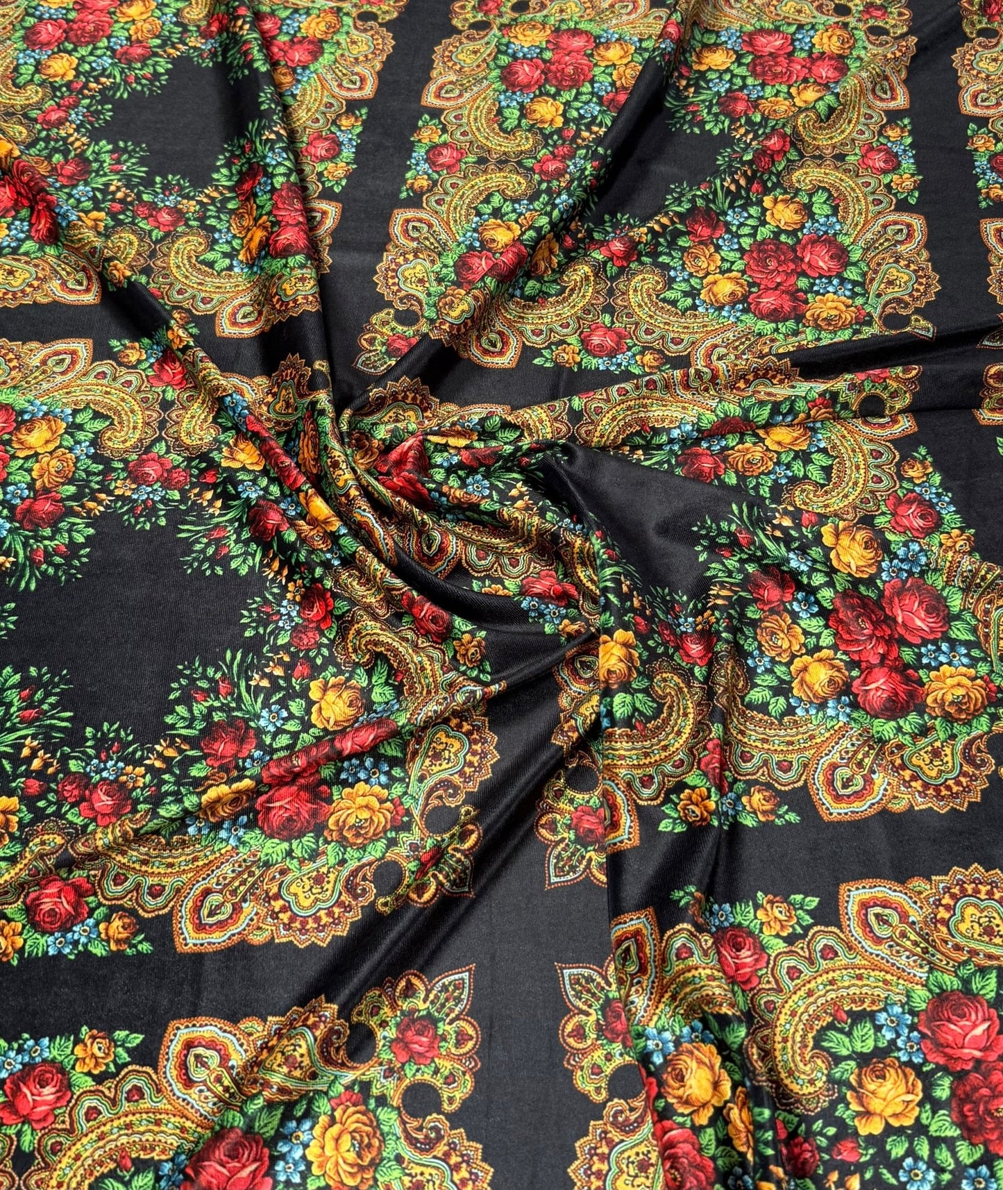 Ethnic Floral Pattern Black Velvet Fabric by the Metre