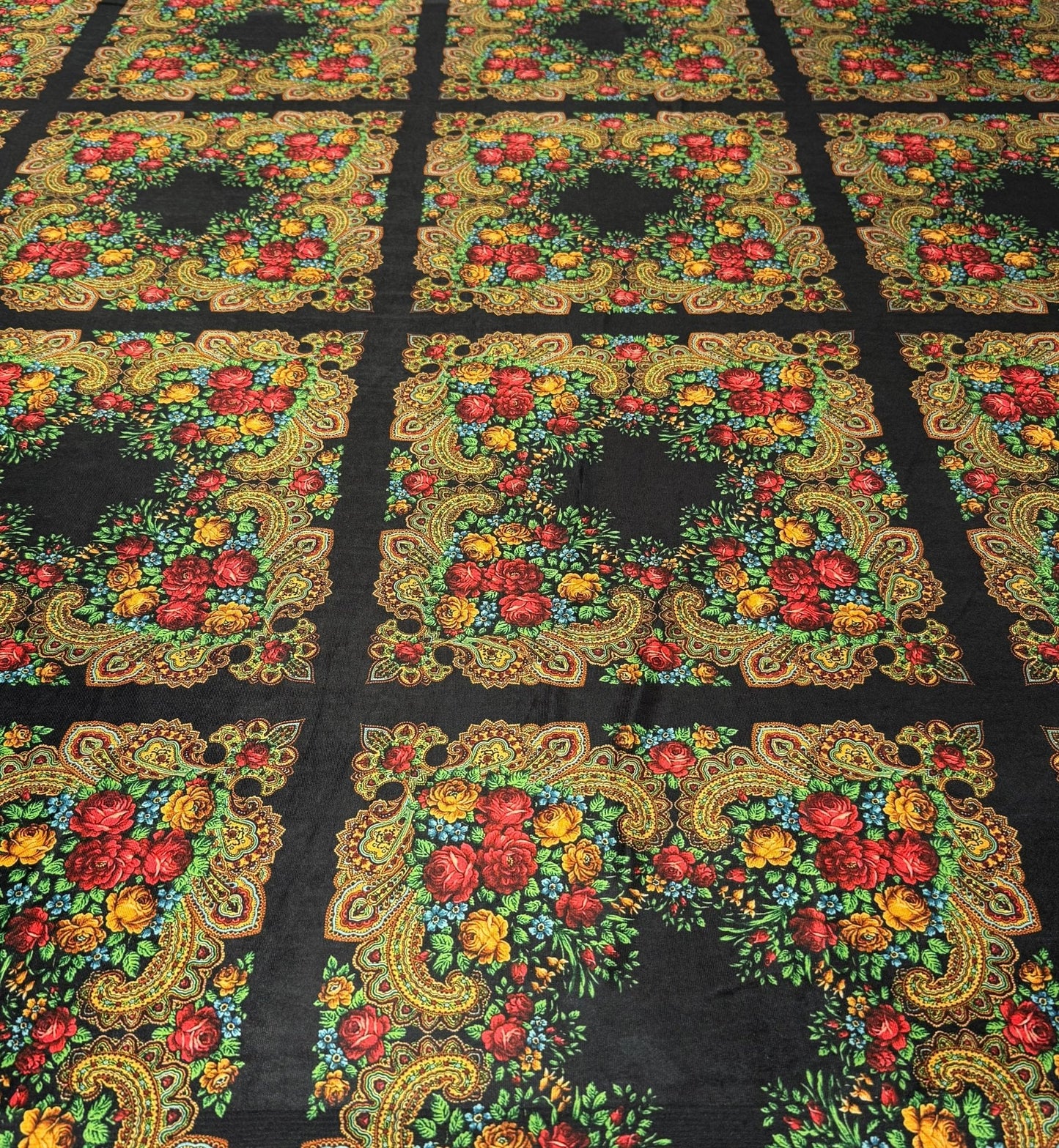 Ethnic Floral Pattern Black Velvet Fabric by the Metre