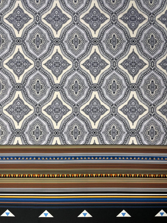 Black and White Mandala Pattern with Ethnic Geometric Striped Border Fabric – Fabric by Metre, Multiple Options for Sewing & Dressmaking