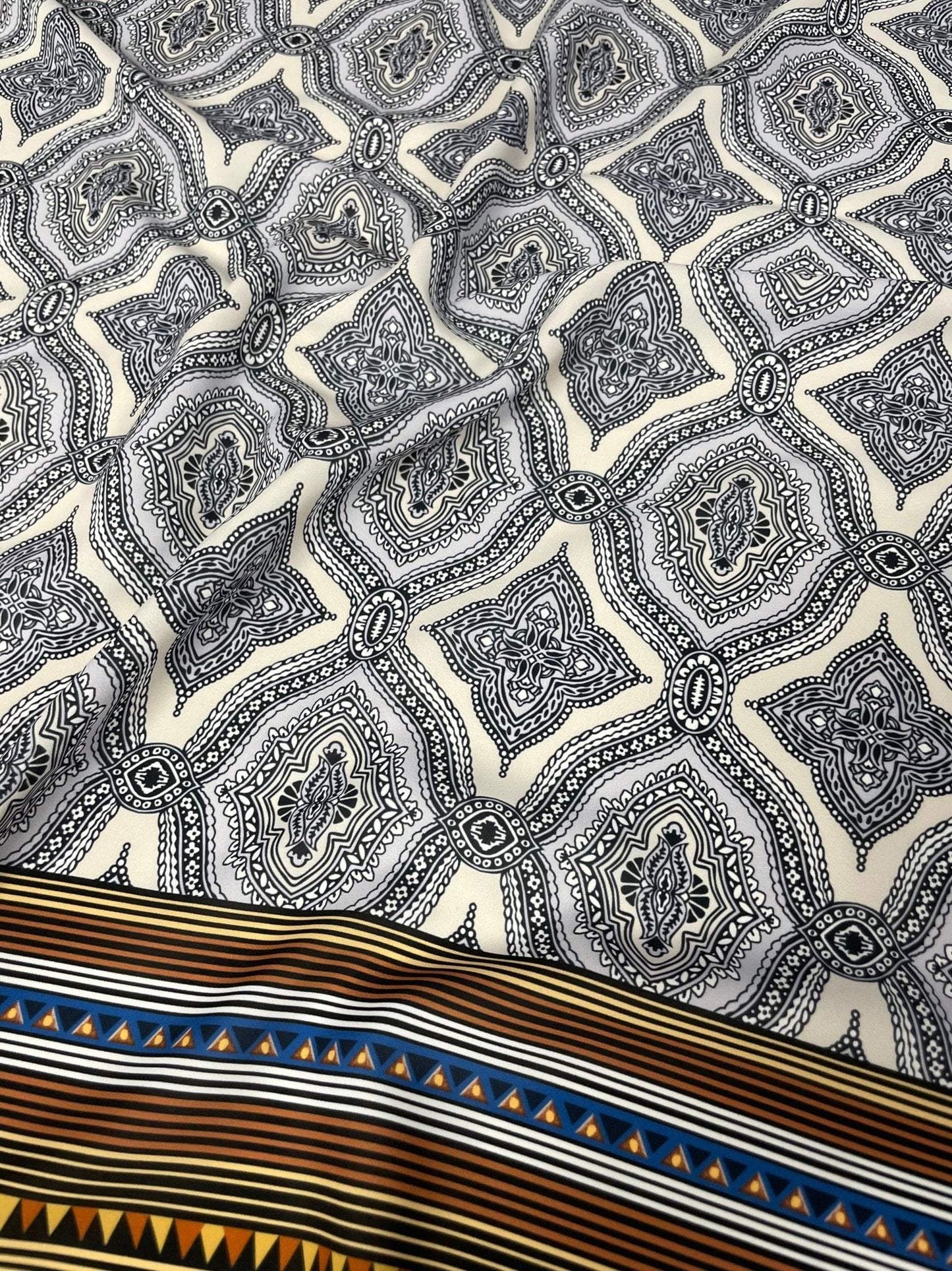 Black and White Mandala Pattern with Ethnic Geometric Striped Border Fabric by Metre