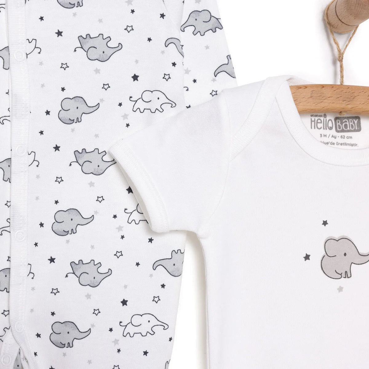 HelloBaby Crew Neck Elephant Print 3 Piece Baby Sleepsuit Set (Newborn to 6 Months)