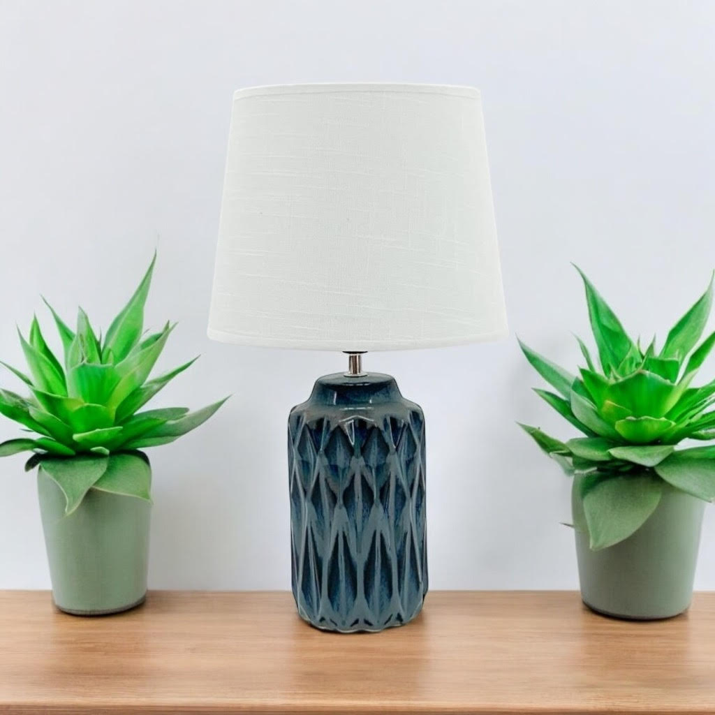 40CM BLUE CERAMIC  LAMP AND SHADE