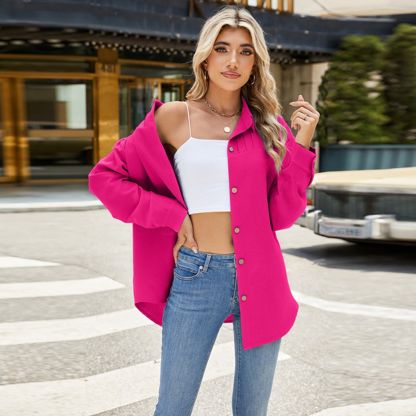 Fashion Lapel Single-breasted Shirt Loose Solid Color Long Sleeve Top Womens Clothing