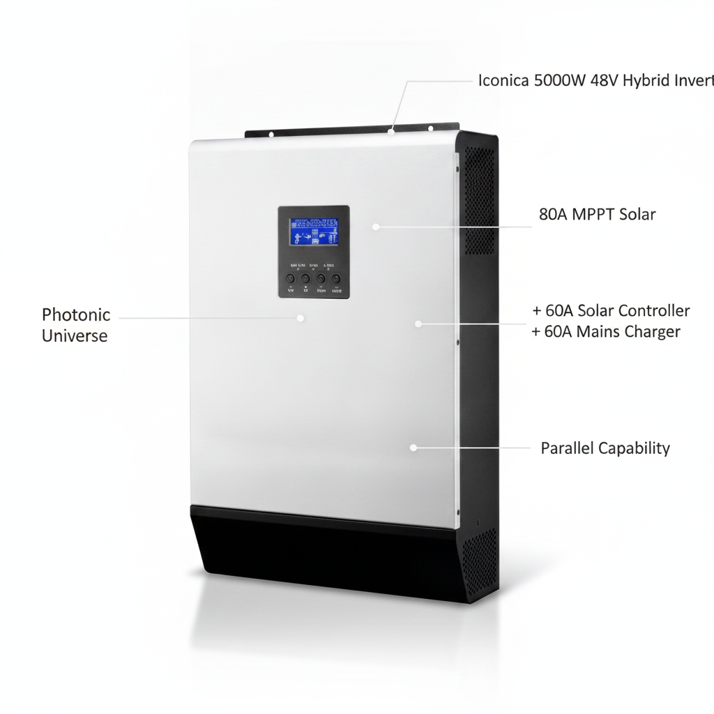 Iconica 5000W 48V hybrid pure sine wave inverter with 80A MPPT solar controller and 60A mains battery charger, with parallel capability